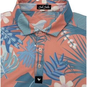 Bad Birdie Golf Polo Men's XL Tropical Floral Blue Coral Performance Stretch